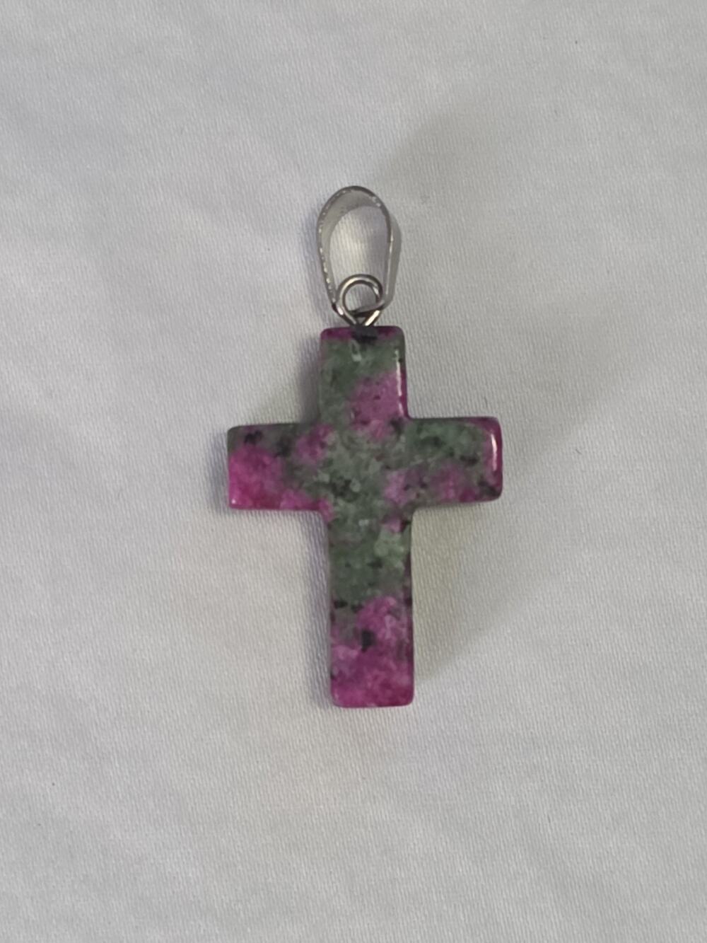 Natural Semiprecious Carved Stone Cross Pendant Ruby In Zoisite Green Pink
